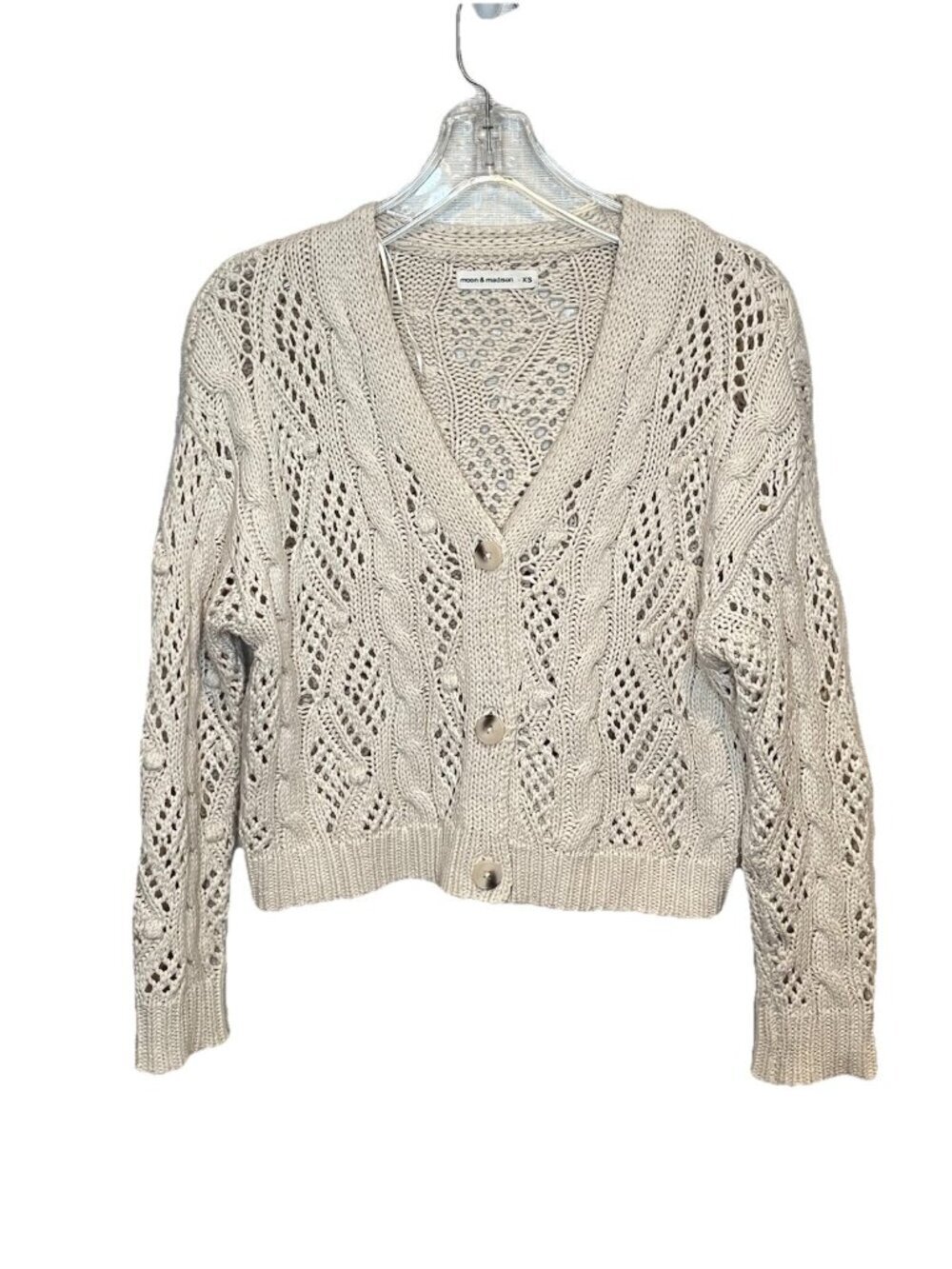 Moon & Madison Open Knit Cable Cardigan Sweater Sz XS Cream Cropped Cottagecore